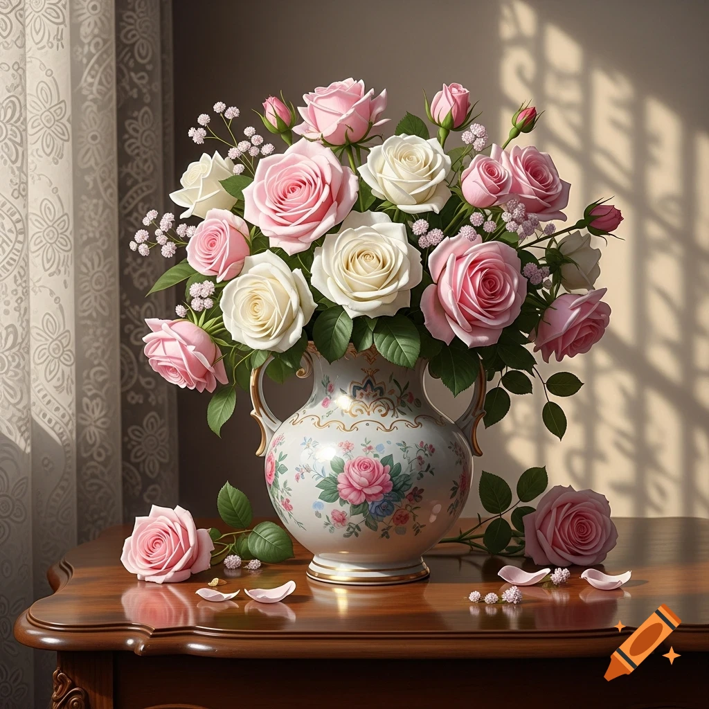 A detailed photorealistic still life of pink and white roses in an ornate vase on a wooden table, with sunlight casting shadows.