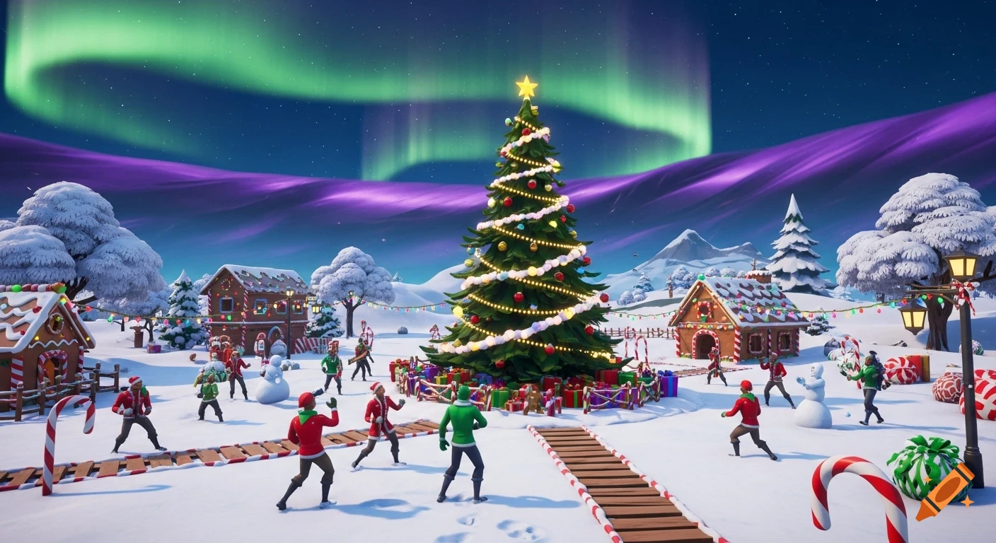 A festive winter wonderland scene with cartoon characters, a decorated Christmas tree, gingerbread houses, and aurora borealis in the sky, in a video game art style.