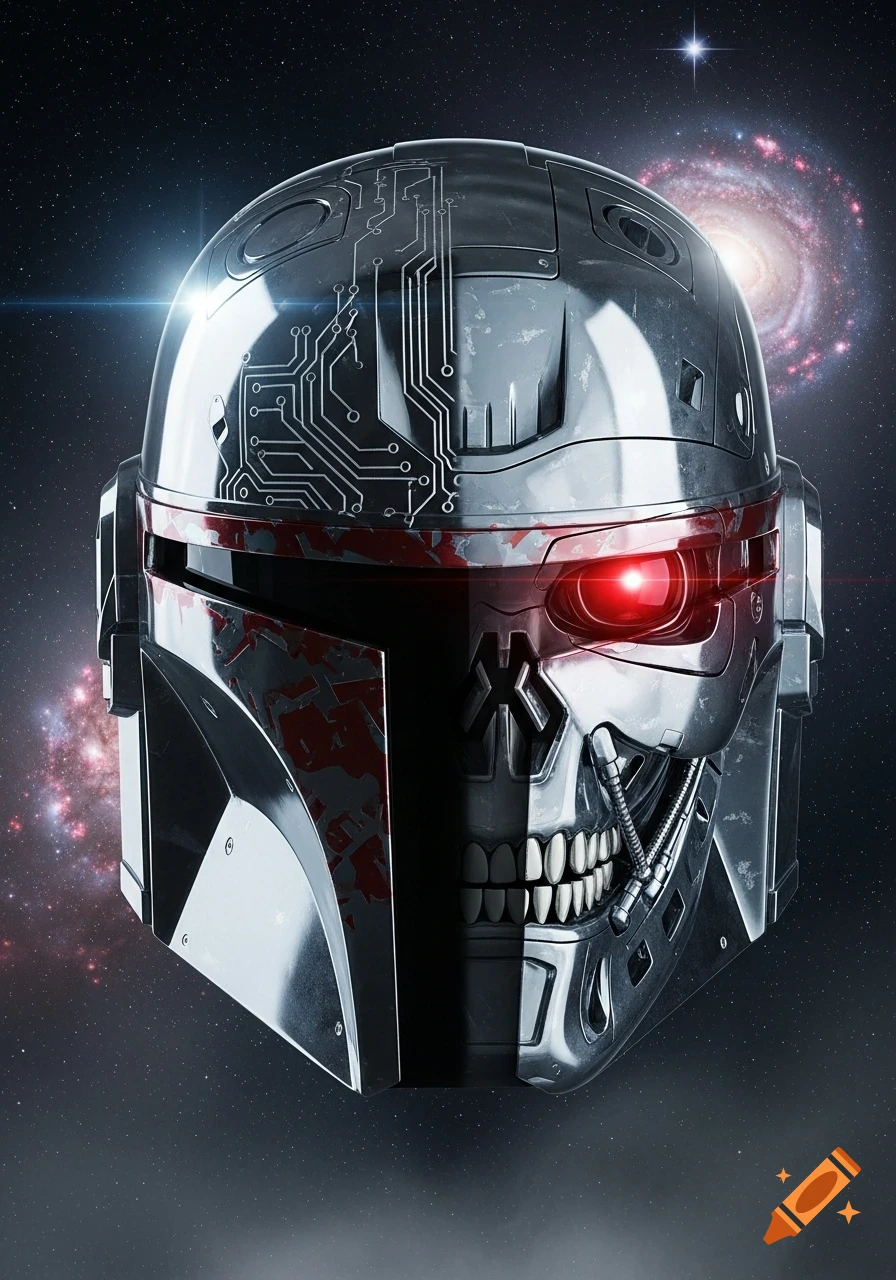 A futuristic helmet, split between a metallic Mandalorian style and a Terminator-like skull, against a starry galaxy background.