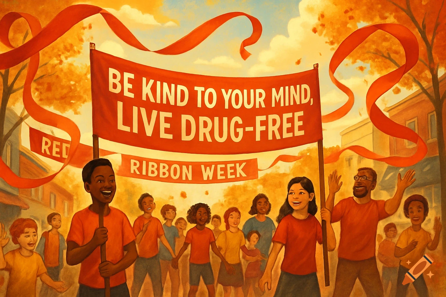 Diverse group of smiling children and adults in a sunny parade holding a banner for 'Red Ribbon Week,' promoting drug-free living, illustration.
