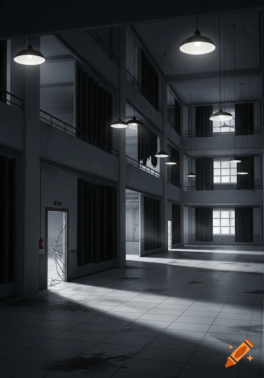 Dark, multi-story interior of a desolate building with hanging lights, a broken door, blacked-out and grid windows, and a stained tiled floor.