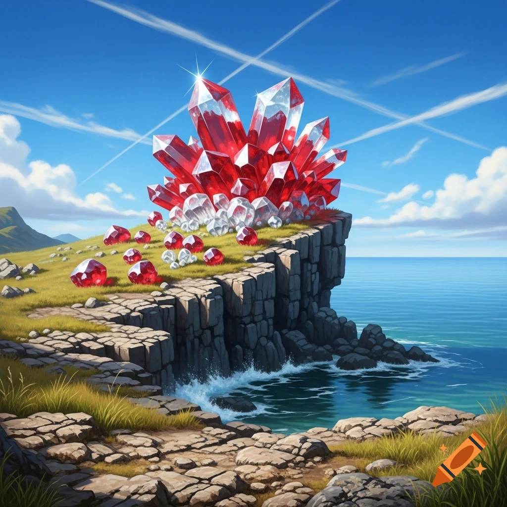 A vibrant cluster of red and clear crystals sparkle on a grassy cliff overlooking a calm blue sea under a sunny sky.