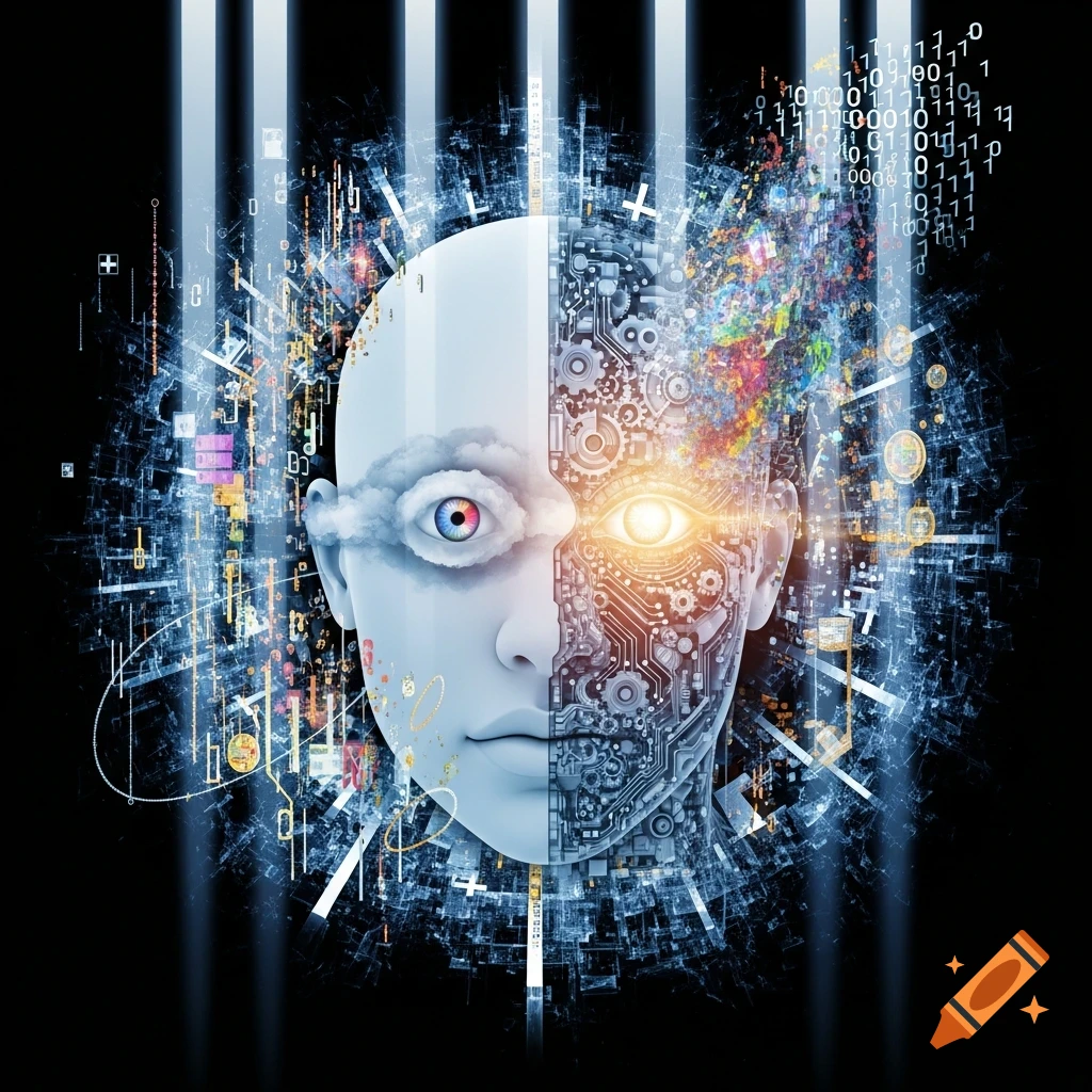 A conceptual image of a split face, half human with a cloud eye and half robotic with circuits, surrounded by data and binary code.
