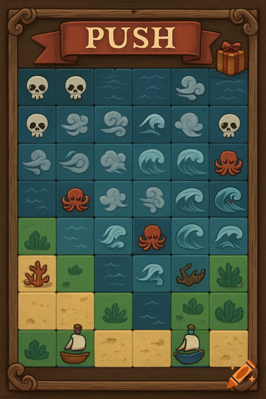 A top-down view of a pirate-themed board game with a grid of sea, land, and event tiles, a red banner with 'PUSH', and two small sailboats.