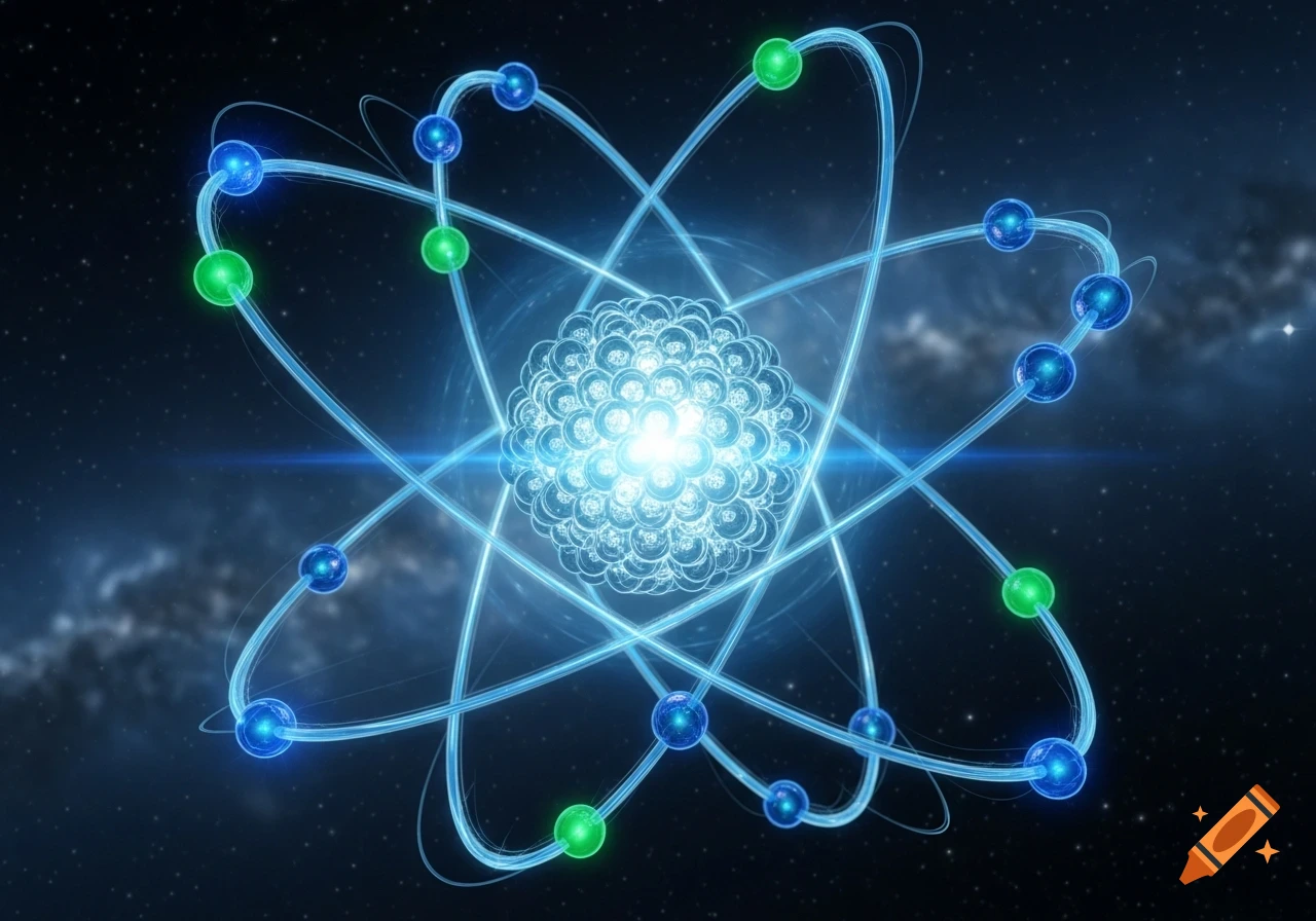 A vibrant blue and green atomic model with electrons orbiting a central glowing nucleus against a starry cosmic background.