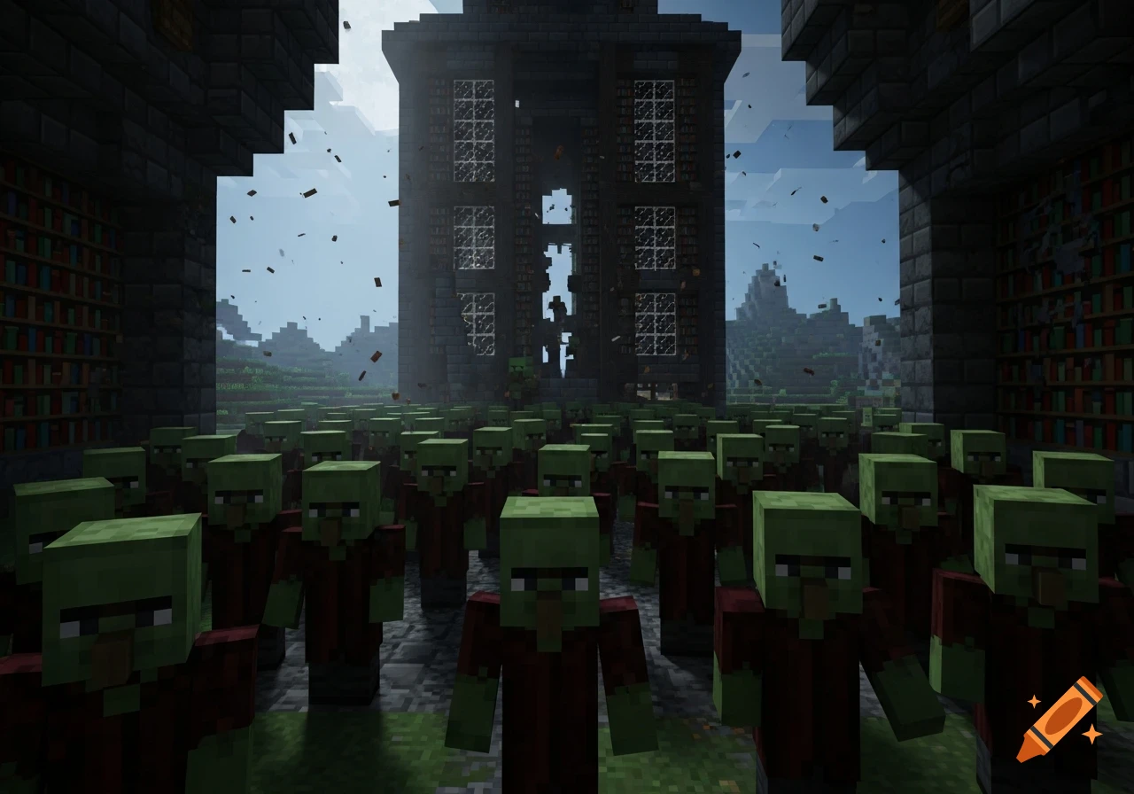 A horde of Minecraft zombie villagers with green faces and red shirts advances from a dark building, flanked by bookshelves.