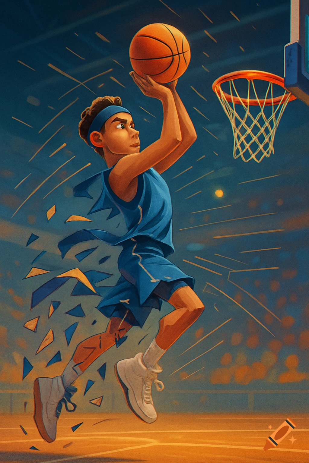 An illustrated basketball player in a blue uniform jumps to shoot a basketball, with fragmented motion trails behind him, in a stylized cartoon aesthetic.
