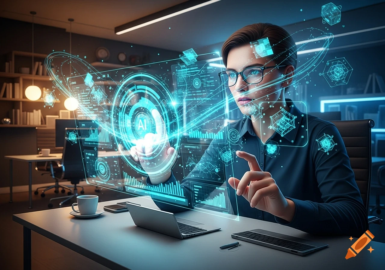 Person in glasses interacting with a glowing holographic AI interface displaying data in a modern office.