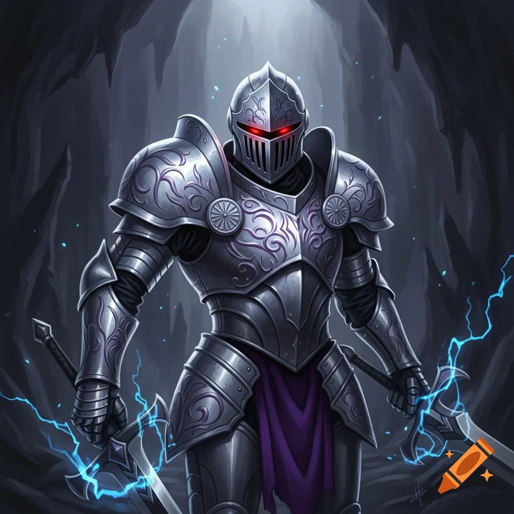 A knight in ornate silver armor with glowing red eyes stands in a dark cave, holding two swords crackling with blue electricity.