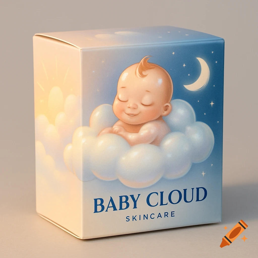 A white product box for Baby Cloud Skincare, featuring a cartoon baby sleeping on a cloud against a day and night sky.