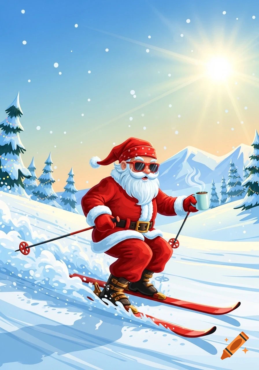Cartoon Santa Claus in sunglasses and a red suit skis down a sunny, snowy mountain, holding a steaming mug.