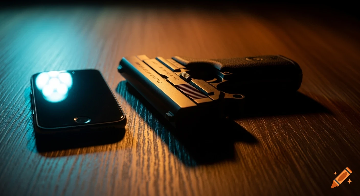 A close-up, cinematic shot of a handgun and a black smartphone lying side-by-side on a wooden table, illuminated by warm and cool light.