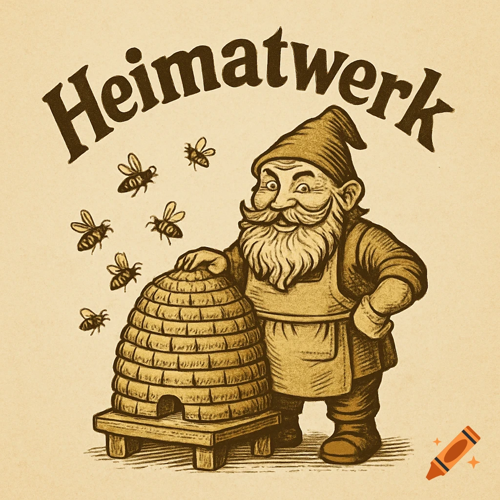 Retro illustration of a bearded gnome in an apron next to a beehive with flying bees and 'Heimatwerk' text.
