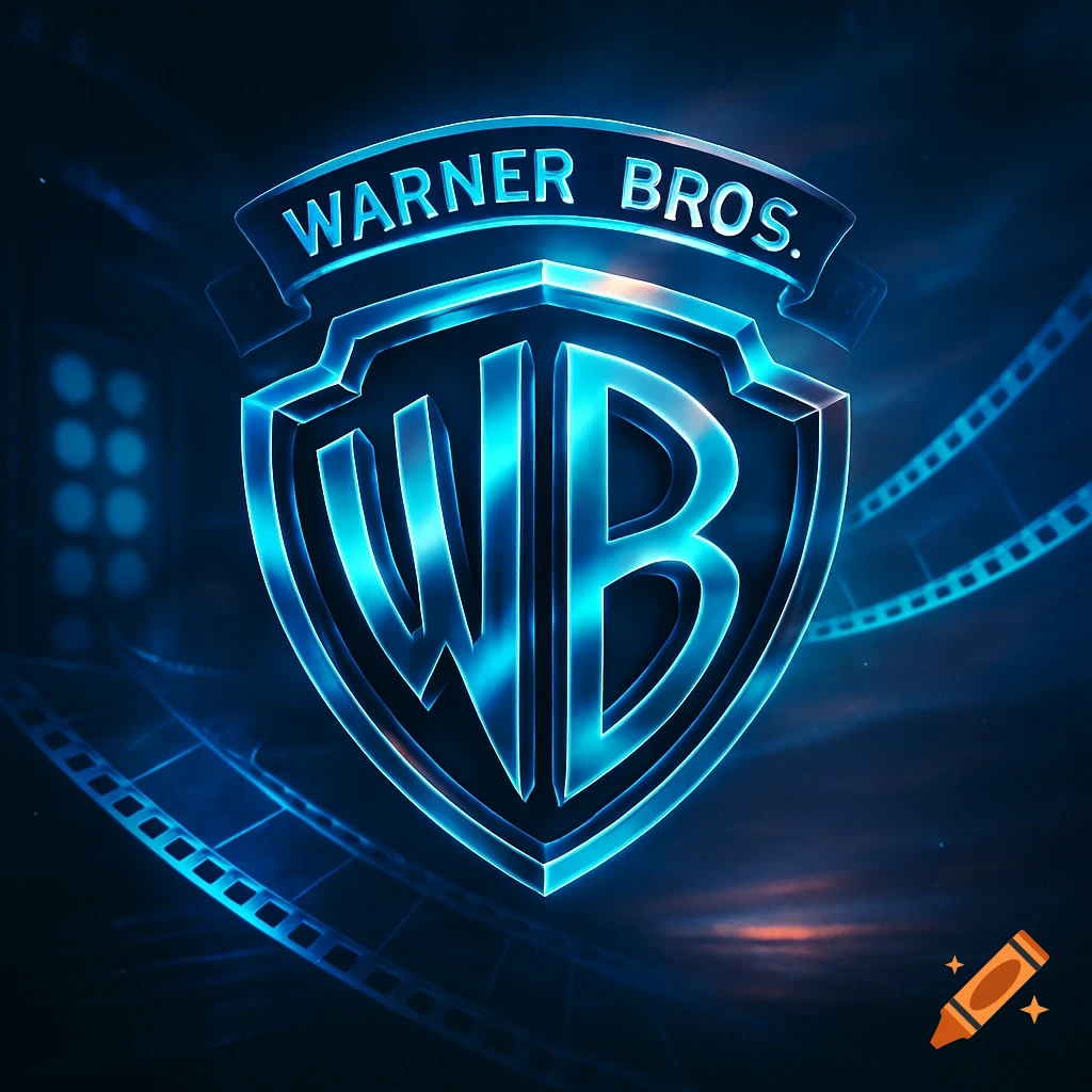 A glowing blue, stylized Warner Bros. shield logo with 'WB' and 'WARNER BROS.' on a banner, set against a dark background with film strips.