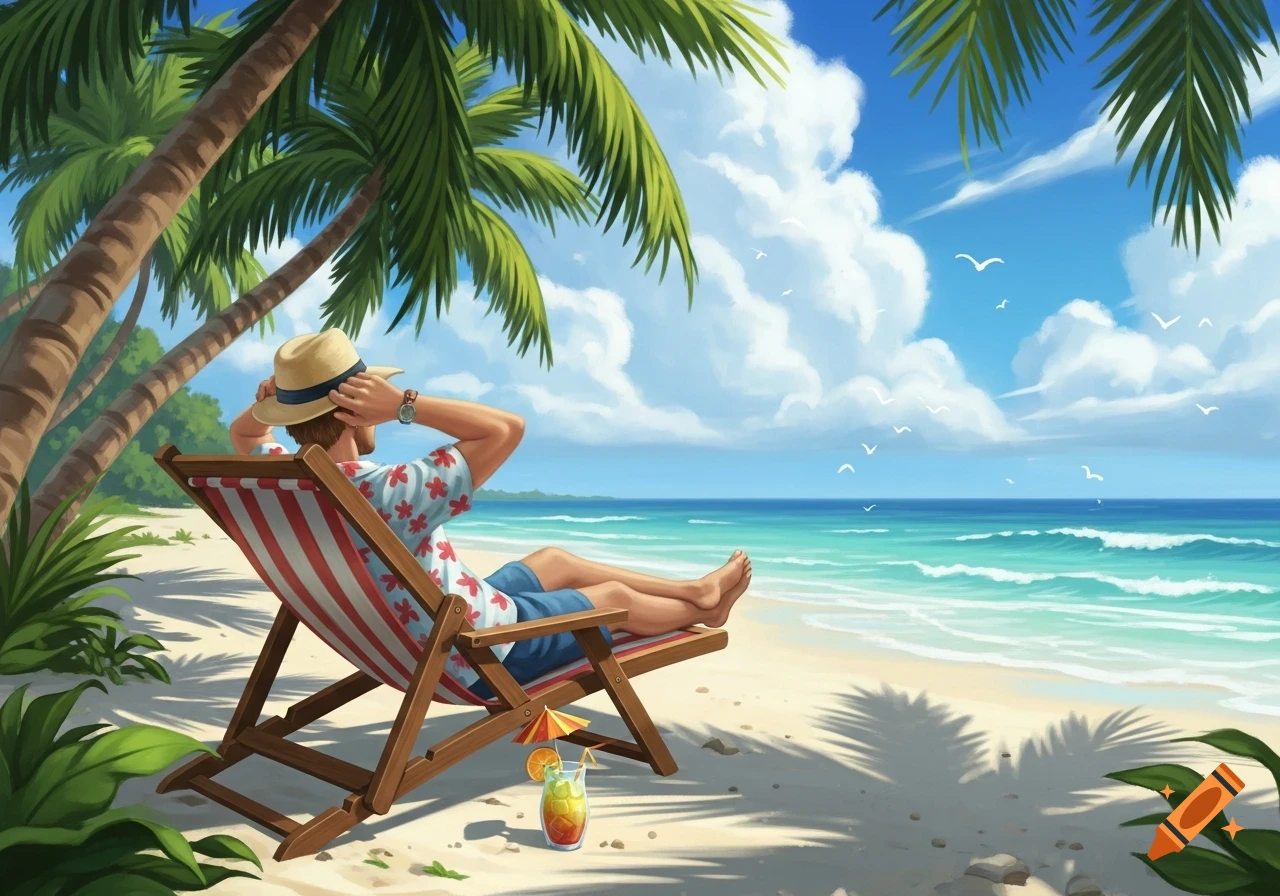 An illustration of a man in a straw hat and Hawaiian shirt relaxing in a striped beach chair under palm trees on a sunny tropical beach.