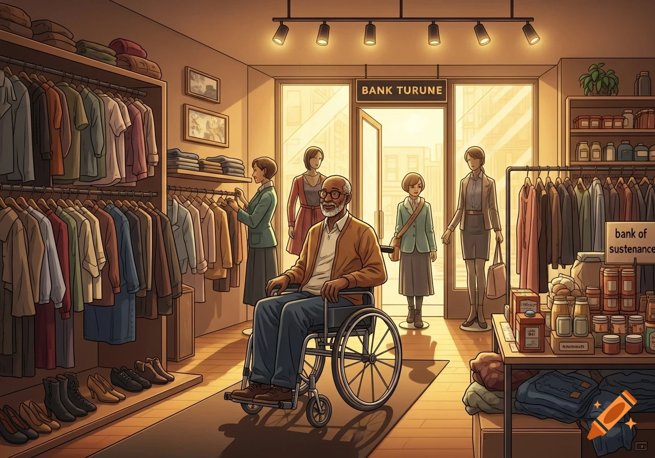 An elderly man in a wheelchair smiles in a cartoon-style store filled with clothing racks and shelves of food items, with other people browsing and working.
