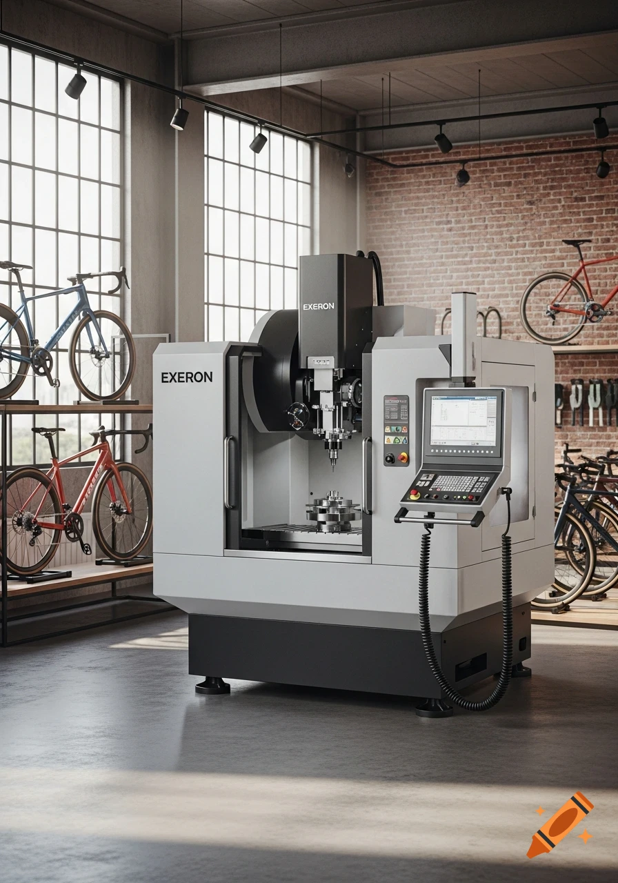 Photorealistic image of a 5-axis Exeron milling machine in a modern workshop with bicycles displayed around it.