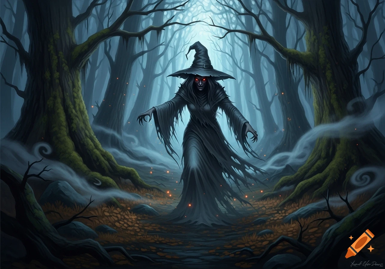 A dark fantasy illustration of a scary witch with glowing red eyes and sharp claws in a tattered dress, standing in a misty forest.