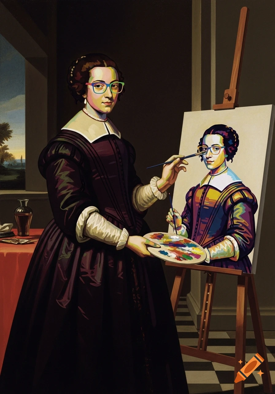 A woman in 16th-century attire and colorful modern glasses paints a pop art self-portrait on an easel in a dark room.