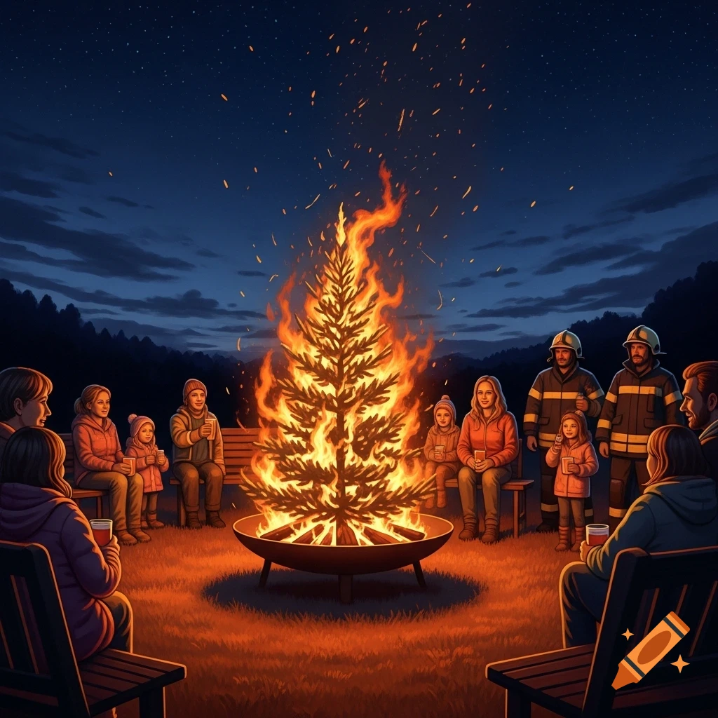 Families and firefighters gather around a large Christmas tree burning in a fire pit at night under a starry sky.