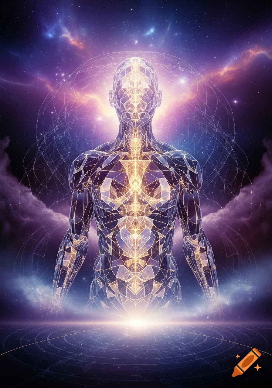 A glowing, geometric human-like figure stands against a vibrant purple and blue cosmic nebula with stars.