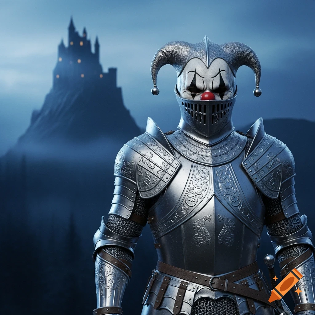 A knight in ornate silver armor with a jester helmet featuring a sad clown face, standing before a misty castle.