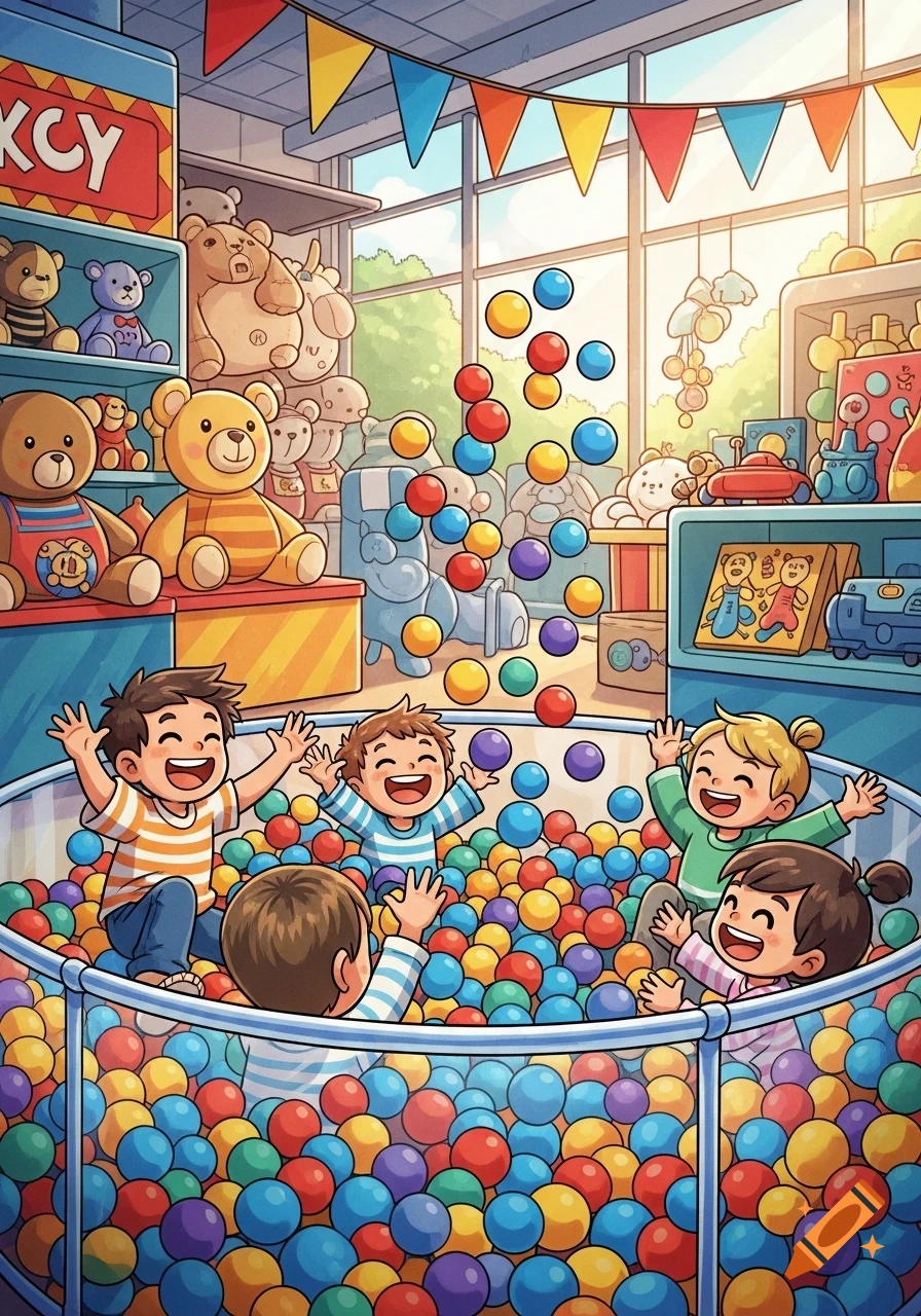 Happy children play in a vibrant ball pit inside a colorful toy store, rendered in a cheerful cartoon style.
