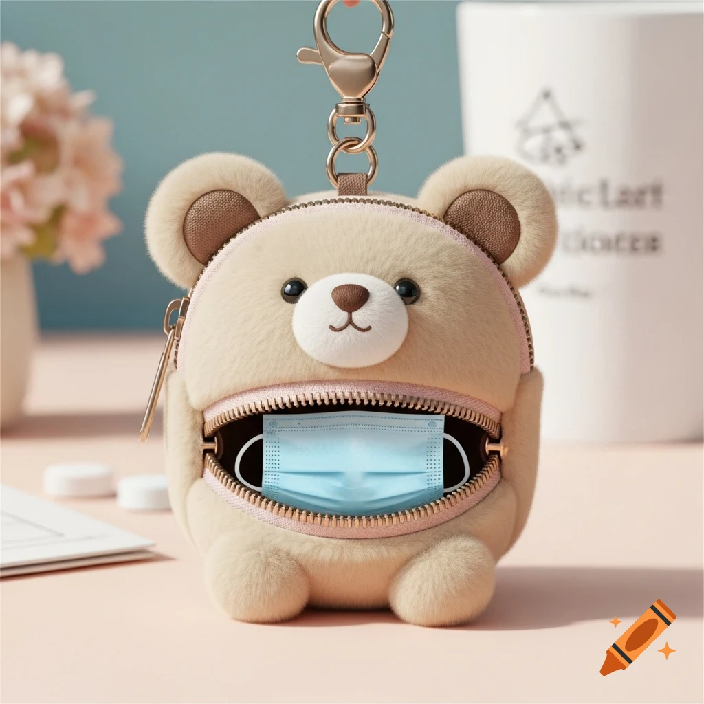 A cute, fluffy beige bear-shaped keyring bag with a blue face mask stored inside its zippered mouth, set on a pink surface.