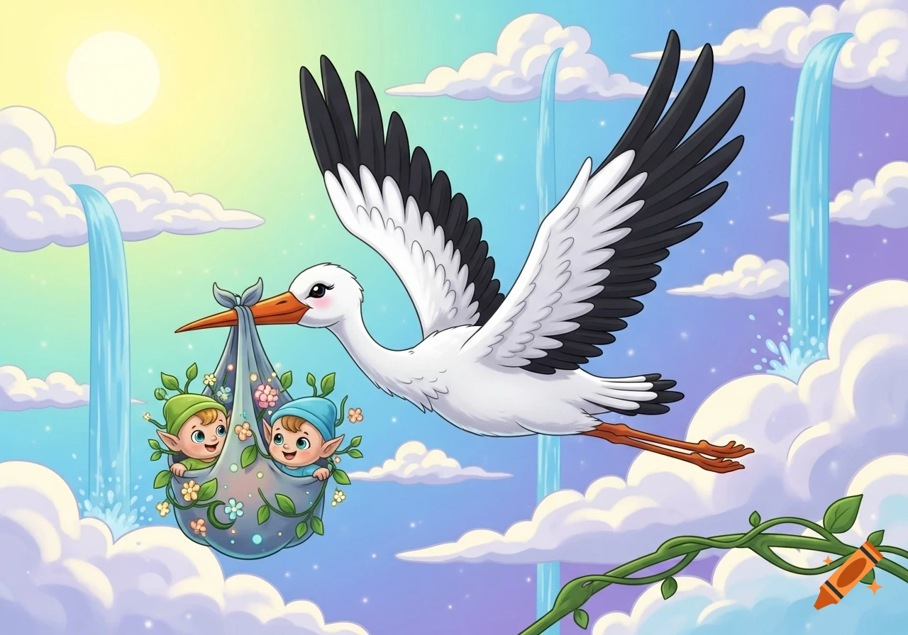 Cartoon flying stork carrying two baby elves in a flowery sack through a whimsical sky with clouds and waterfalls.