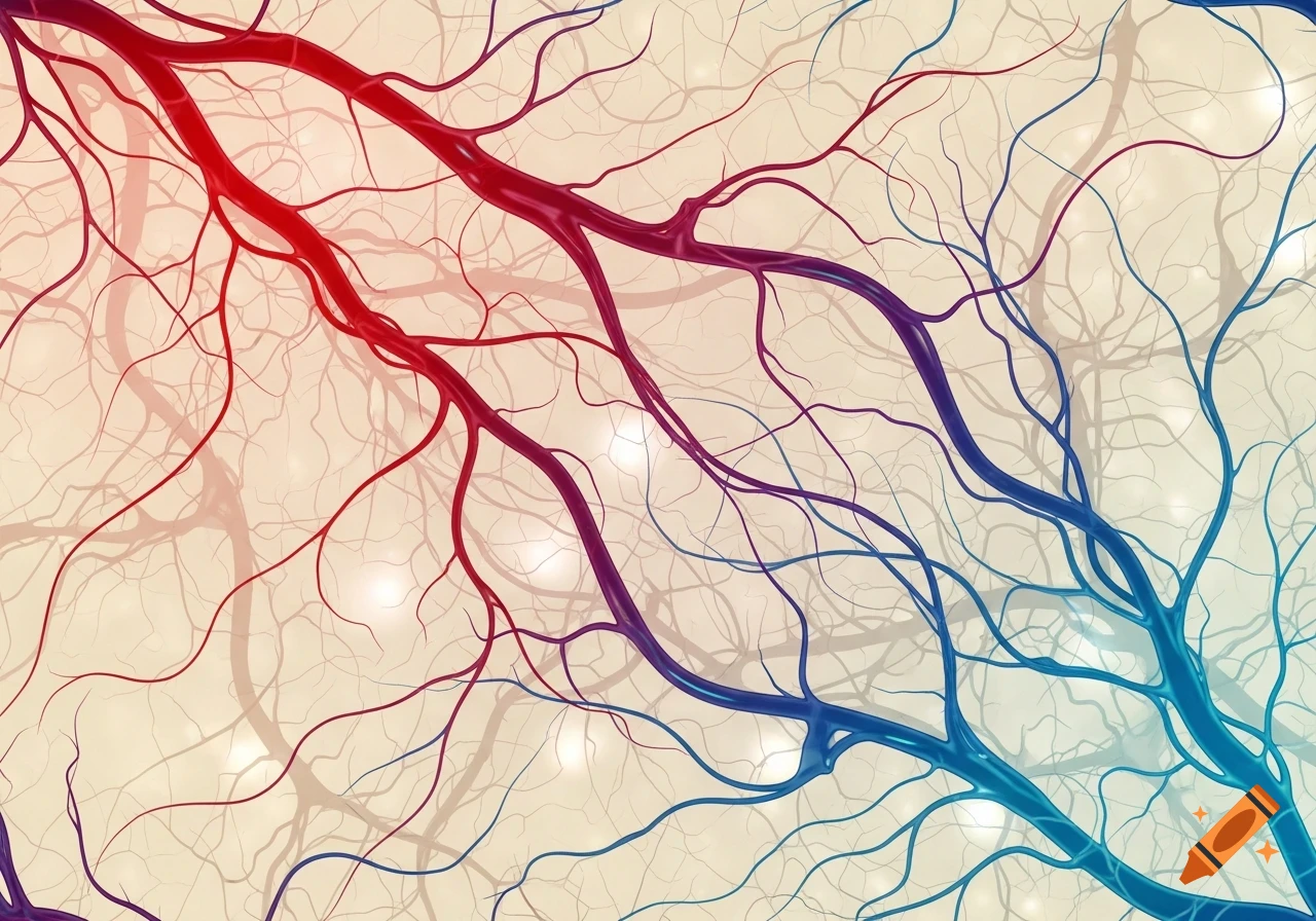 A stylized illustration of a dense network of red and blue veins branching across a light, glowing background.