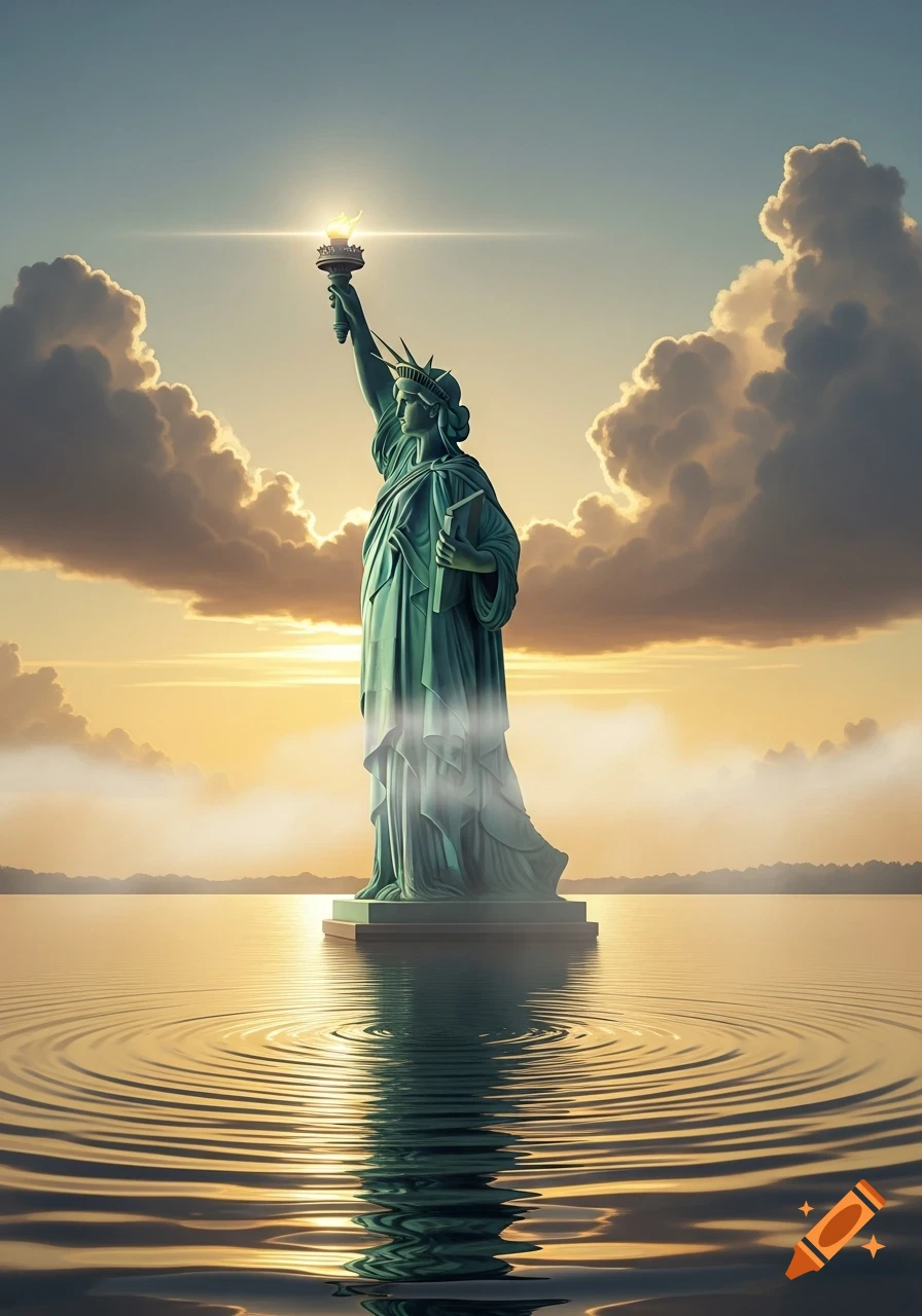 The Statue of Liberty stands in calm water under a dramatic sunrise or sunset sky with clouds, its torch glowing brightly.