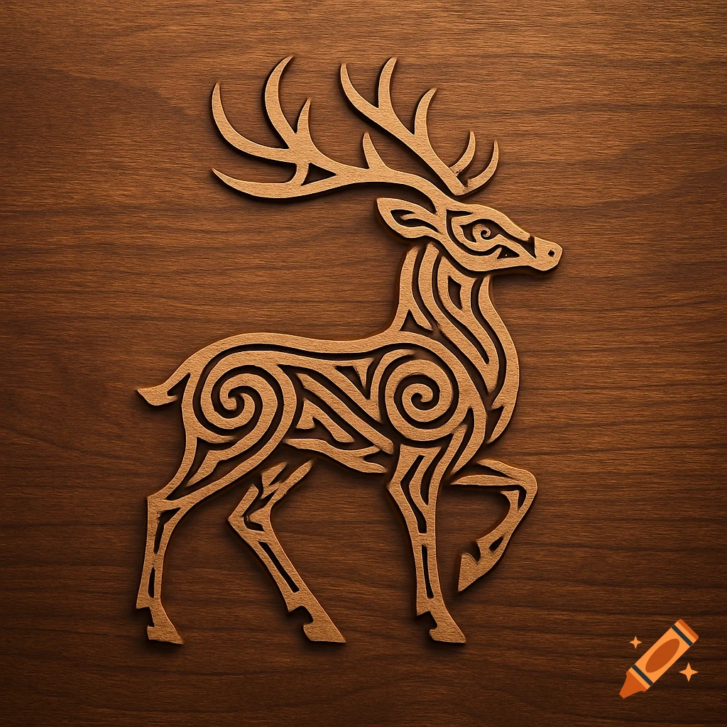 A stylized tribal deer logo carved into a rich brown wooden background, featuring intricate patterns within its form.