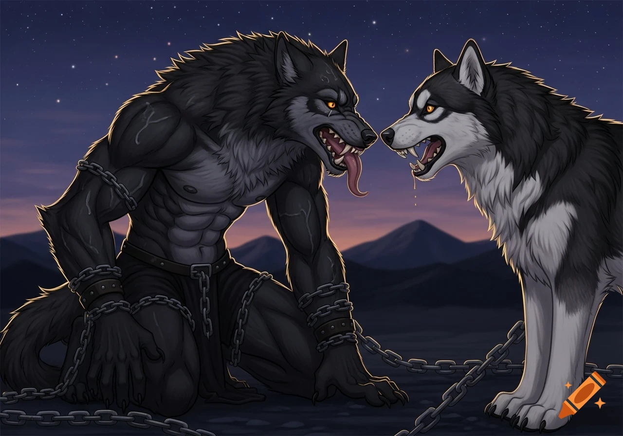A chained black werewolf with glowing eyes snarls at a black and white malamute under a starry night sky with mountains.
