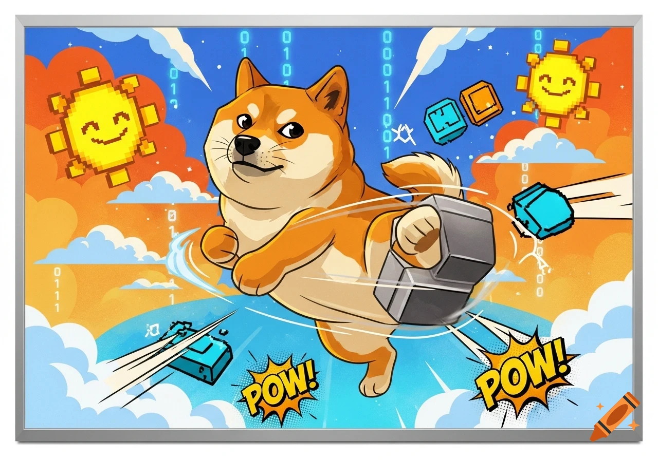 A cartoon Doge character in mid-air, kicking a gray block. Pixelated suns and binary code float in the colorful sky, with comic book 'POW!' bubbles.