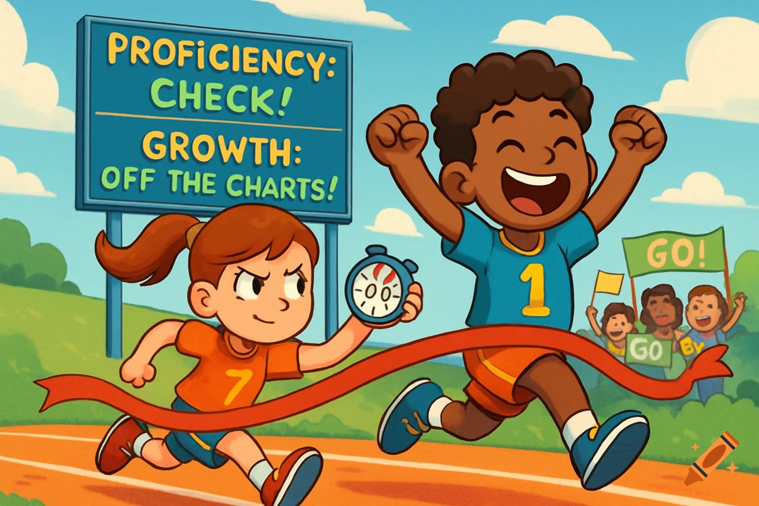 A happy cartoon boy crosses a race finish line while a determined girl stops a stopwatch. A scoreboard reads 'PROFICIENCY: CHECK! GROWTH: OFF THE CHARTS!'.