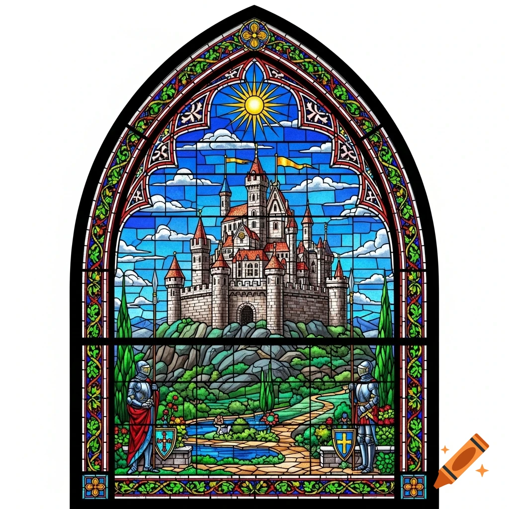 Stained glass window depicting a medieval castle on a rocky hill, flanked by two armored knights, under a bright sun.