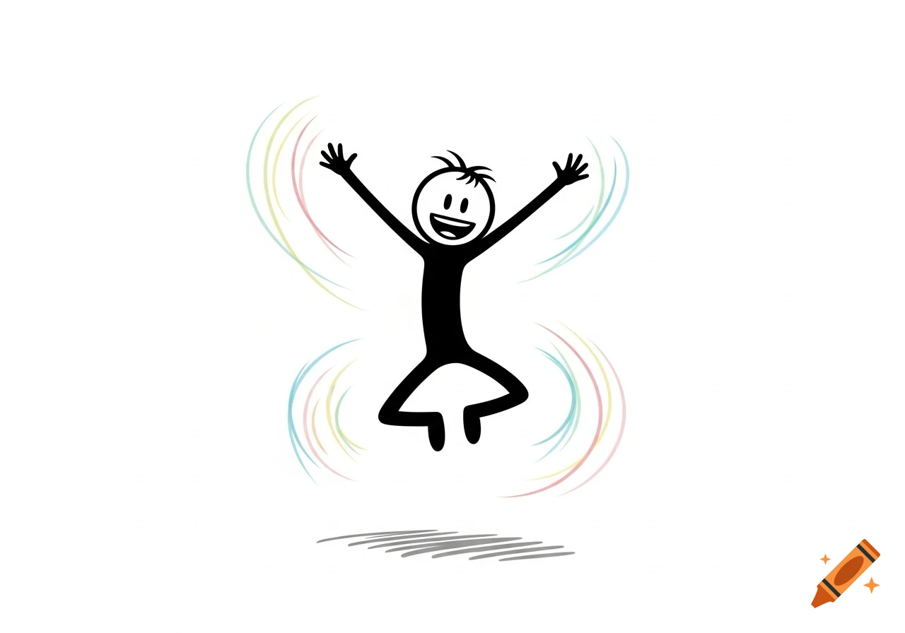A black stick figure with a happy face jumps with arms raised, surrounded by colorful curved lines, on a white background.