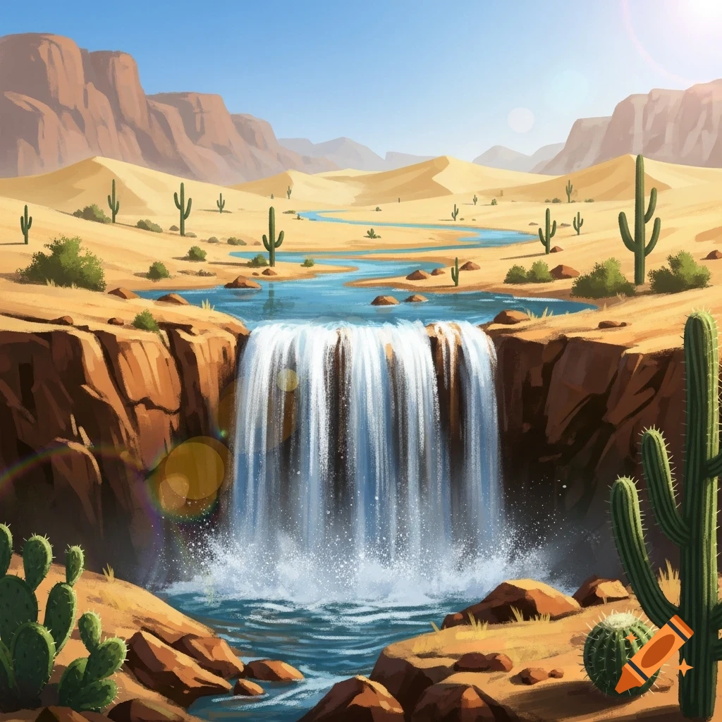 An illustrated desert landscape with a waterfall, a winding river, sand dunes, and saguaro cacti under a clear blue sky.