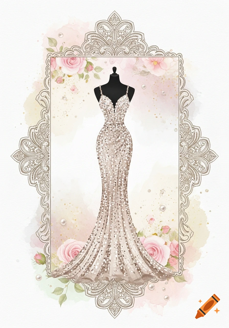 Illustration of a shimmering sequined gown on a black mannequin, framed by an ornate border with pink roses, pearls, and watercolor.