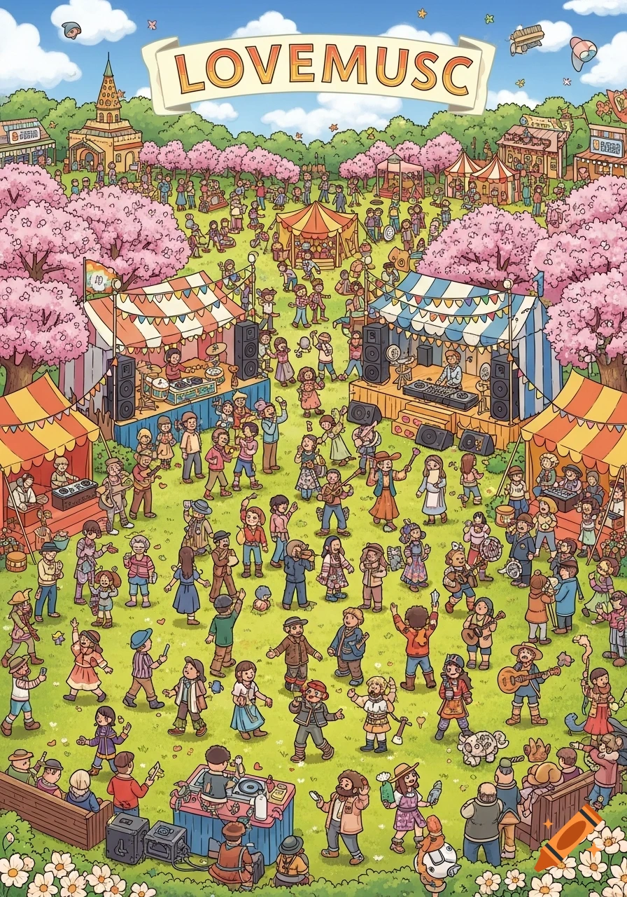 Wimmelbild illustration of a lively outdoor music festival with a large crowd, cherry blossom trees, and stages, featuring a LOVEMUSC banner.