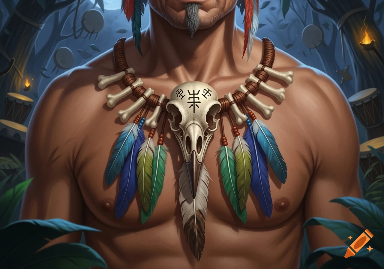 A bare-chested man wears a tribal necklace with a bird skull, bones, and colorful feathers against a dark jungle background.