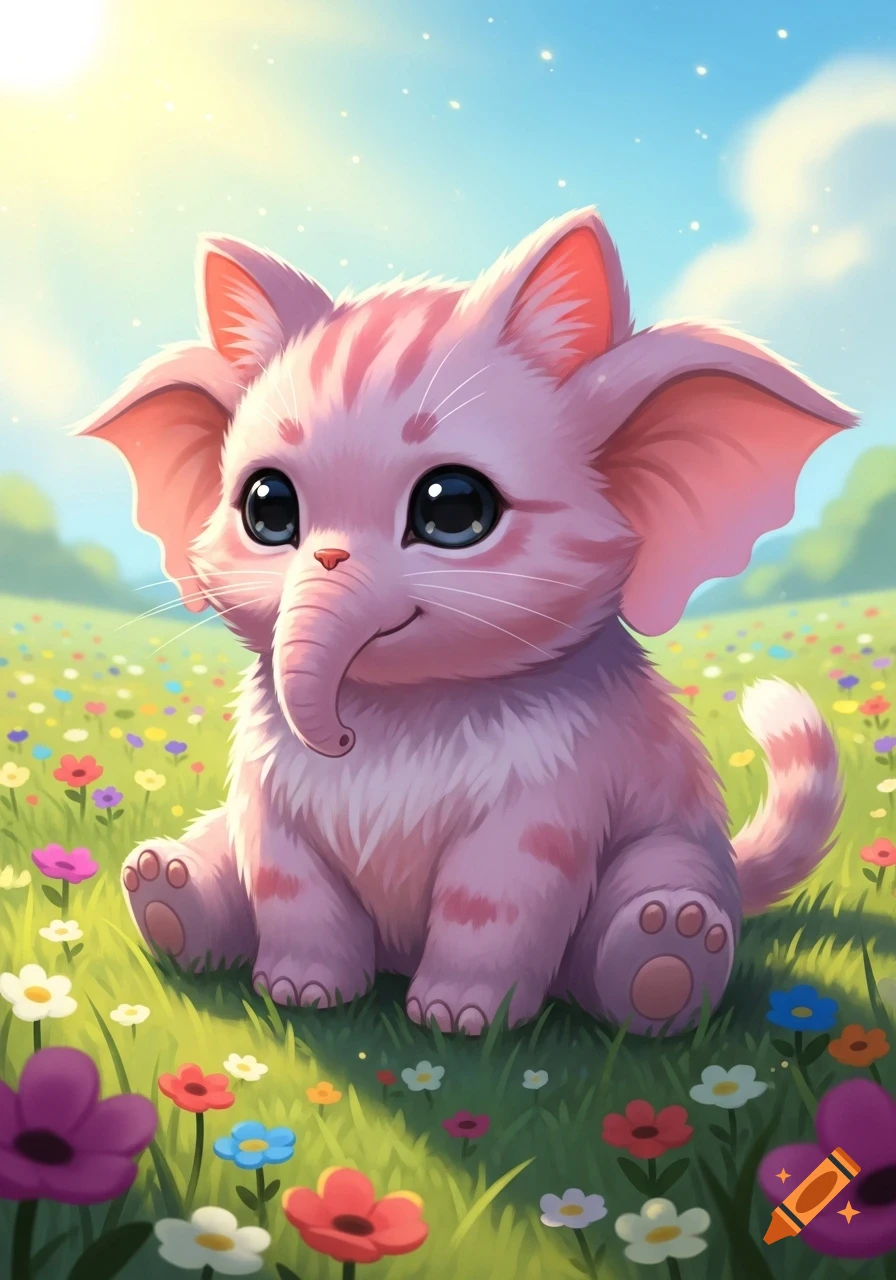 A cute, pink striped cat-elephant hybrid with big eyes sits in a sunny field of colorful flowers, cartoon style.