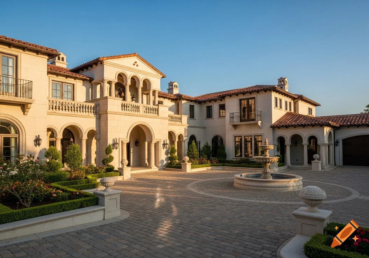 A grand Mediterranean-style mansion with a circular paver driveway, central fountain, and manicured gardens under a clear blue sky.