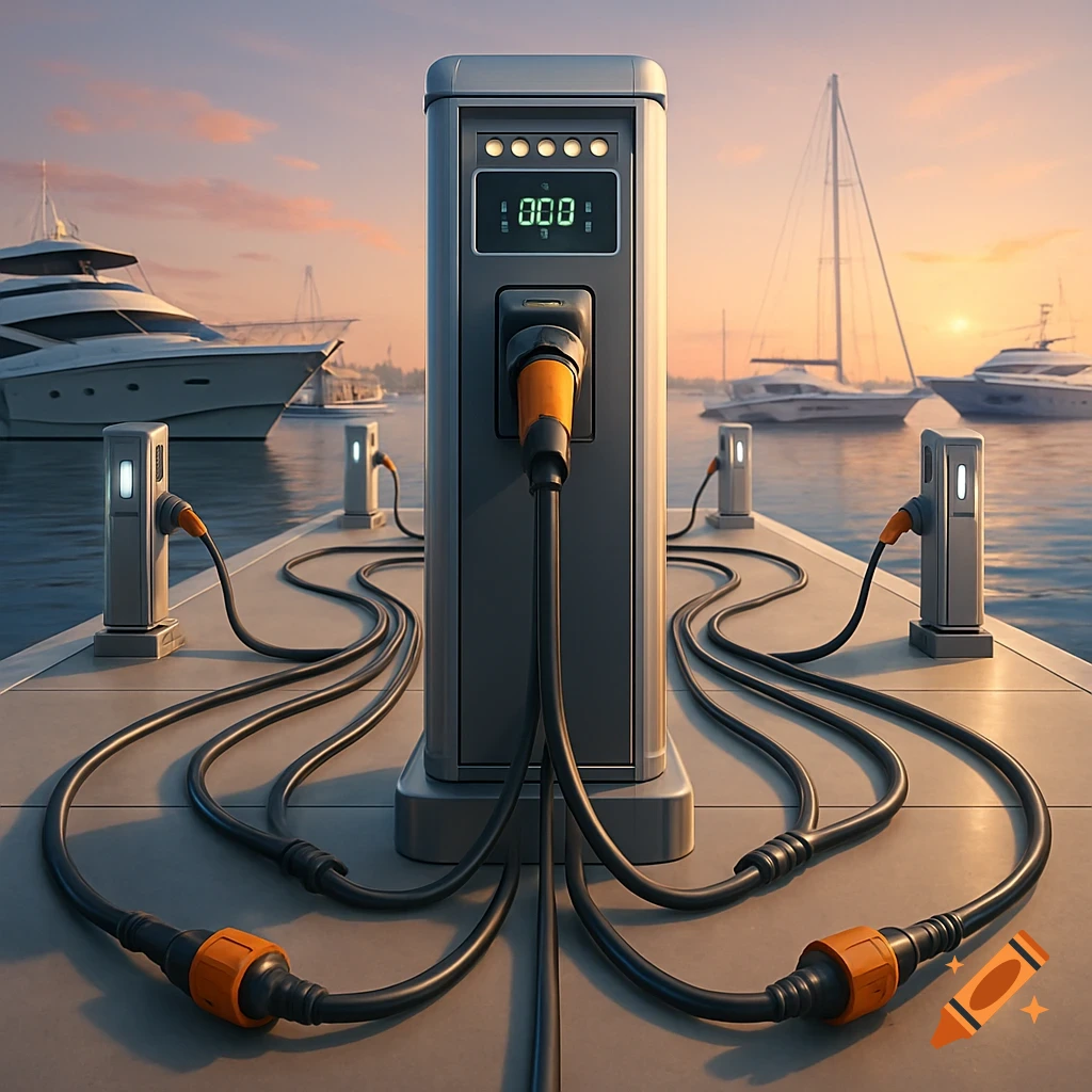 A shore power system with multiple cables on a dock at sunset, with several yachts and sailboats in the background.