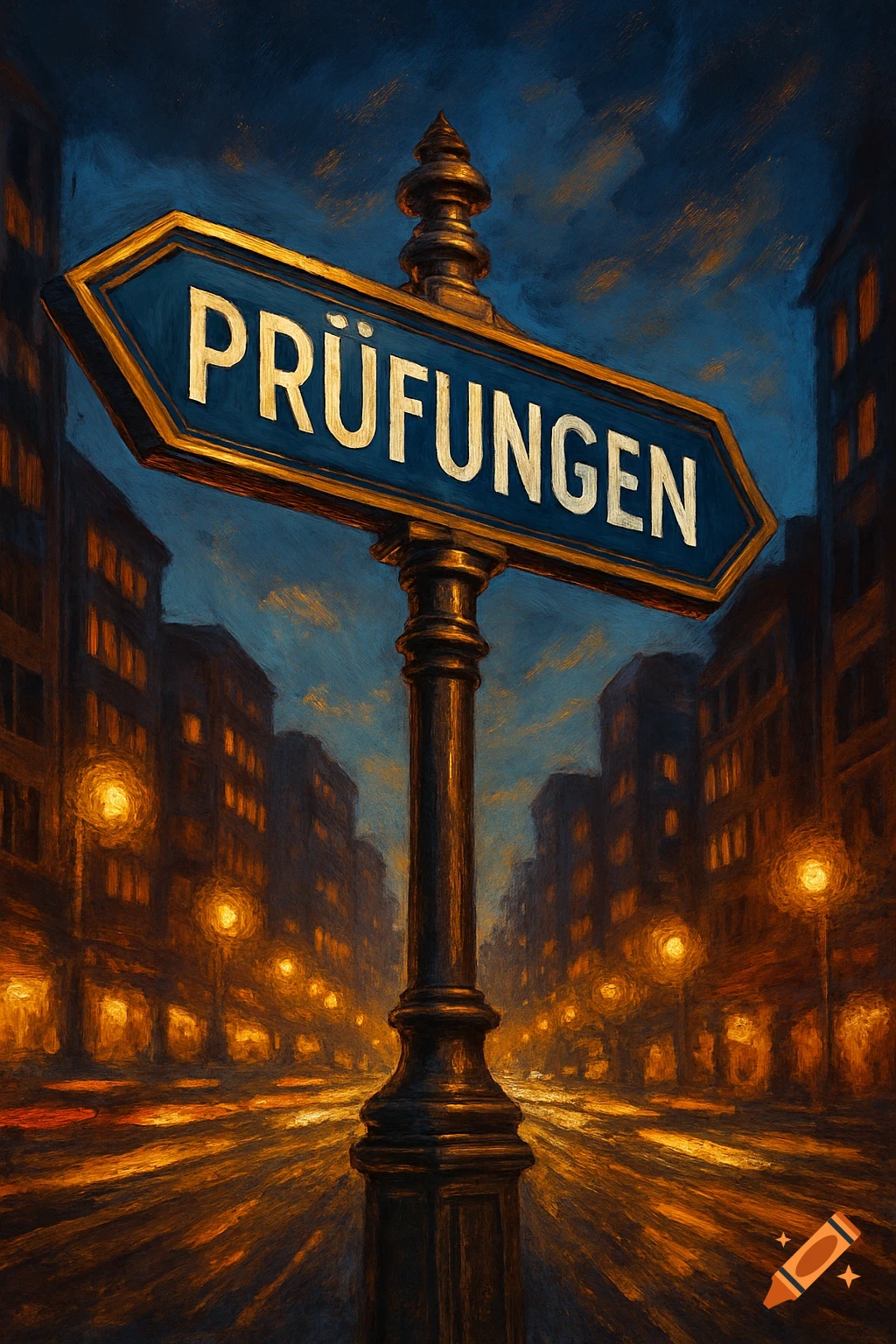 A painterly night city street scene with a central blue and gold street sign pointing left, inscribed 'PRÜFUNGEN'.