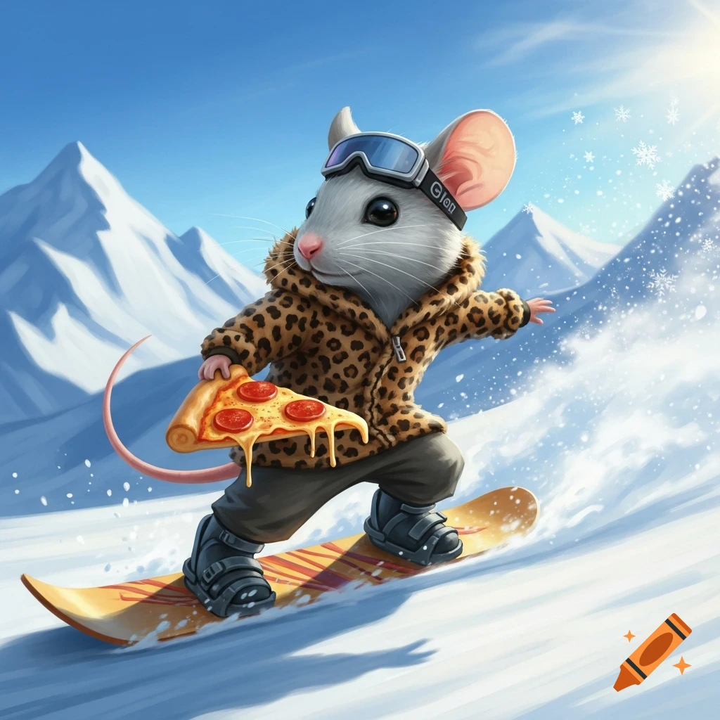 An anthropomorphic mouse in a leopard print jacket snowboards down a snowy mountain while holding a slice of pepperoni pizza. The scene is bright and sunny.