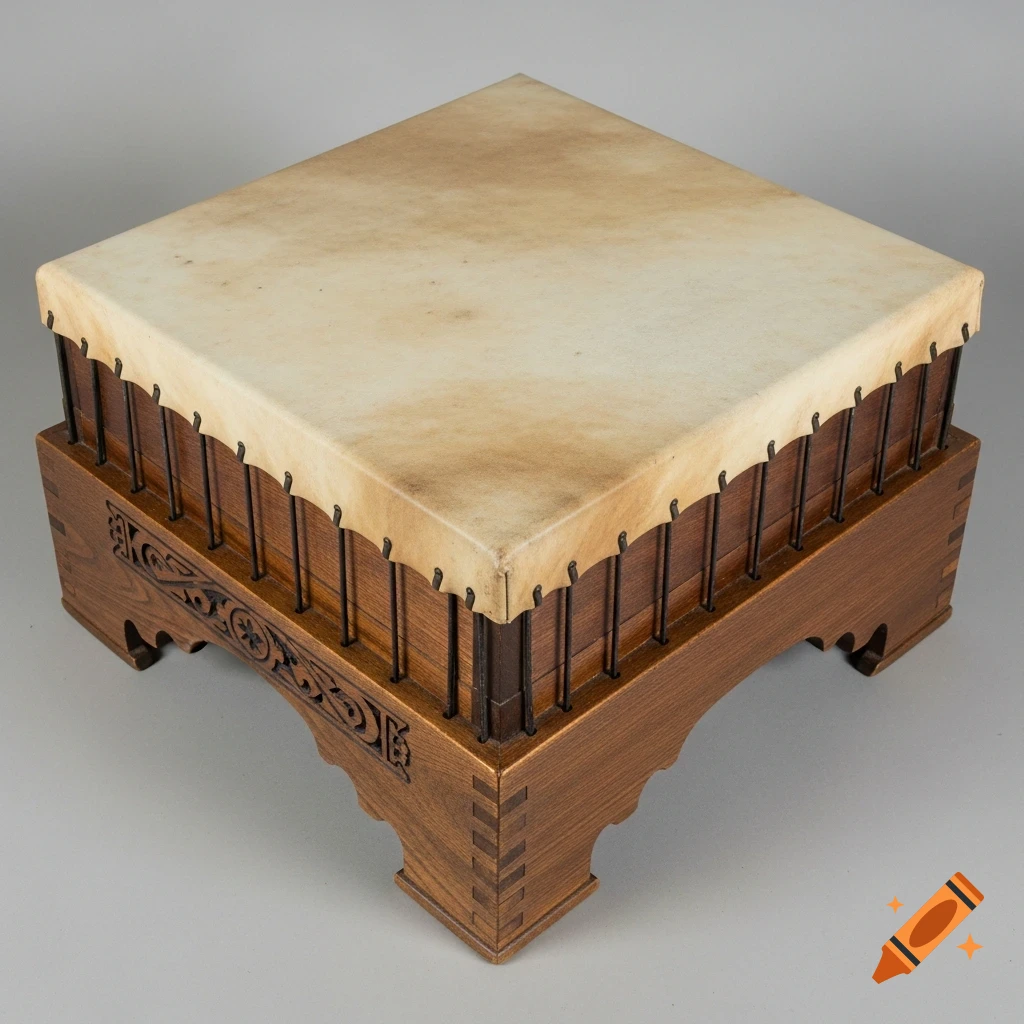 A traditional square pandero drum featuring a light brown stretched skin head, a dark wooden frame with visible grain, and carved details on its base.