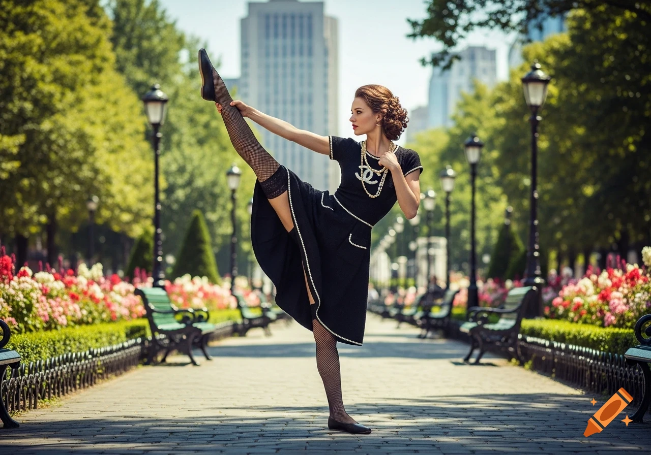 A photorealistic image of an athletic woman in a black dress and fishnet stockings performing a high kick in a sunny city park.