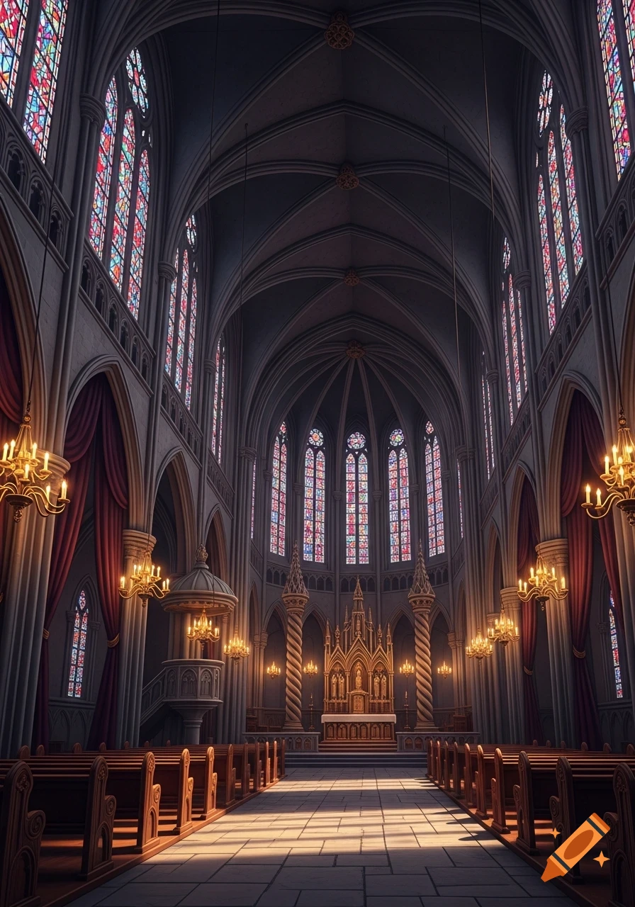Grand gothic church interior with high vaulted ceilings, colorful stained glass windows, ornate altar, and rows of wooden pews.