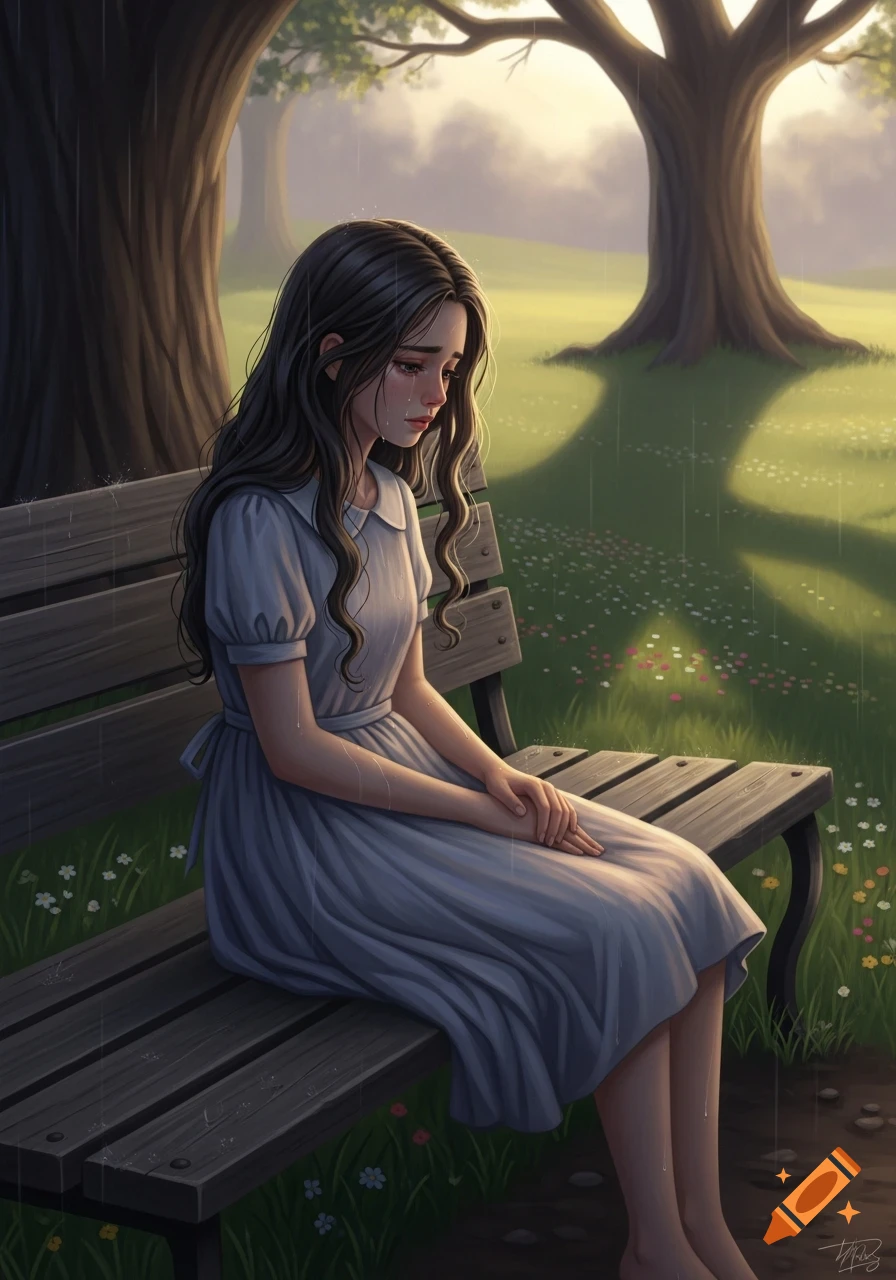 A sad girl with long dark hair sits alone on a wooden bench in a rainy park with sunlit trees in the background, digital art.